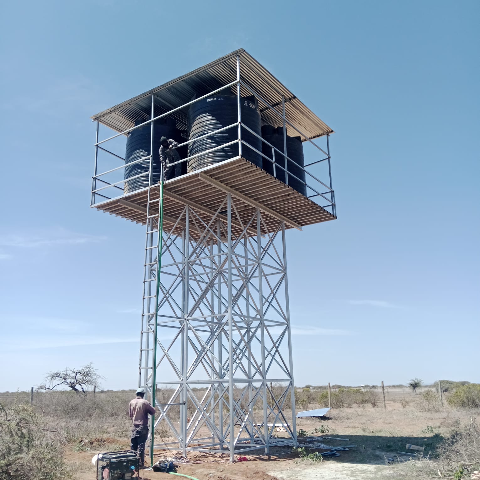 Plastic tank on steel tower